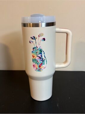40 oz White Travel Mug with Floral Golf Bag Graphic and Handle